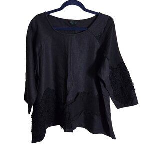 Peacock Ways Black Embroidered Linen Cotton Lagonlook Oversized Tunic Top Size L